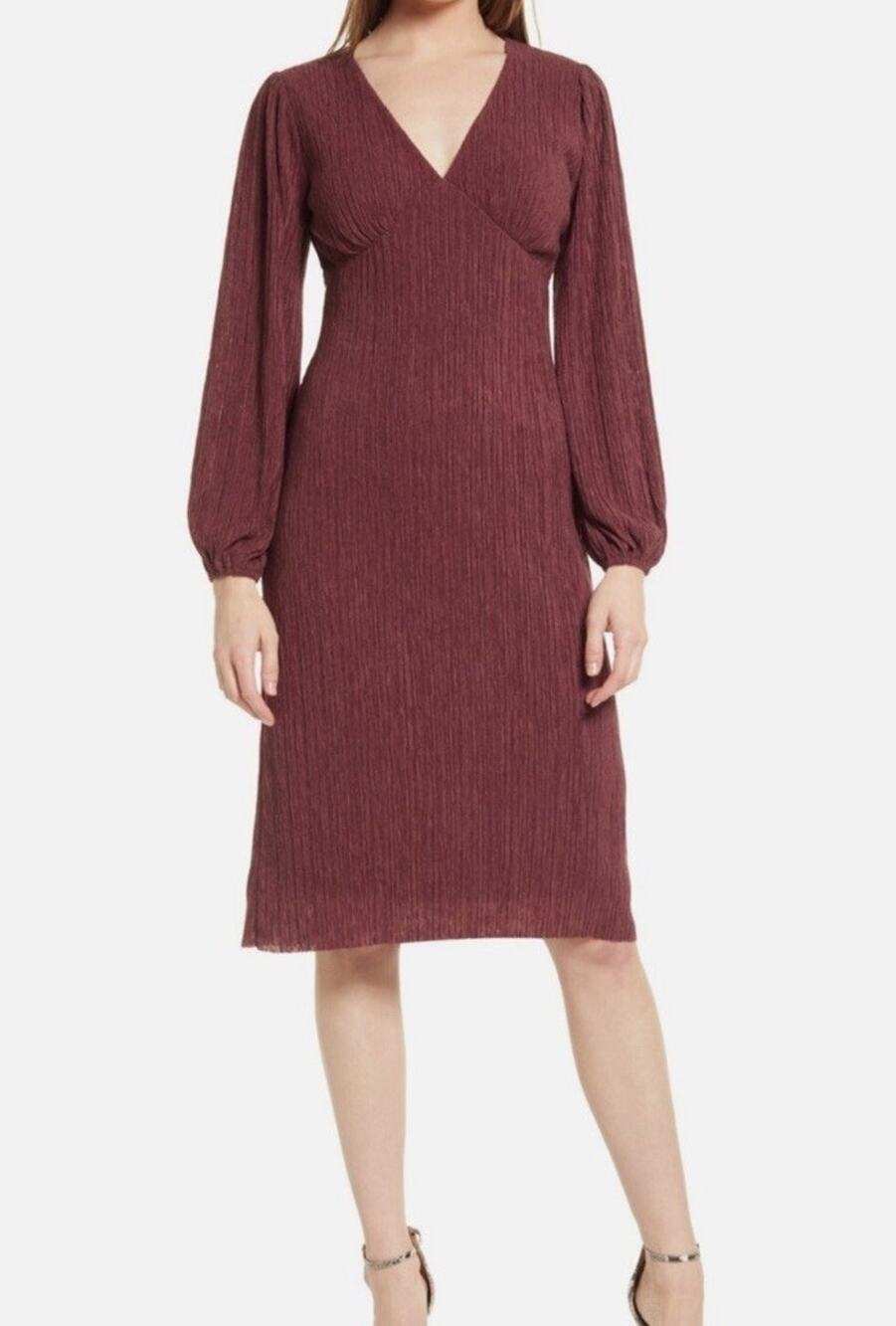 All in Favor Woman’s Plum Long Sleeve V-Neck Midi Dress Size S NWT